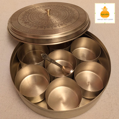 Matt Finish Brass Masala Box with Laser-Engraved Mandala Lid – 7 Spice Cups + Spoon | Kitchen Utility & Return gift | Kalasa Decor