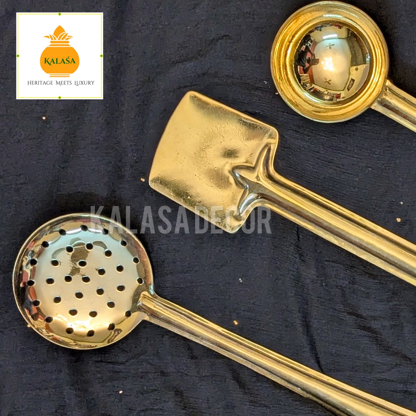 Set of 4 Pure Brass Ladles – Glossy Finish Kitchen Serving Spoons | For Rice, Rasam, Frying, Chapati | Kalasa Decor