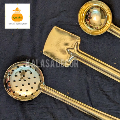 Set of 4 Pure Brass Ladles – Glossy Finish Kitchen Serving Spoons | For Rice, Rasam, Frying, Chapati | Kalasa Decor