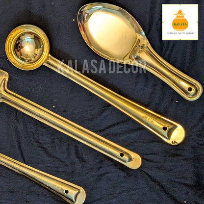 Set of 4 Pure Brass Ladles – Glossy Finish Kitchen Serving Spoons | For Rice, Rasam, Frying, Chapati | Kalasa Decor