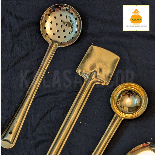 Set of 4 Pure Brass Ladles – Glossy Finish Kitchen Serving Spoons | For Rice, Rasam, Frying, Chapati | Kalasa Decor