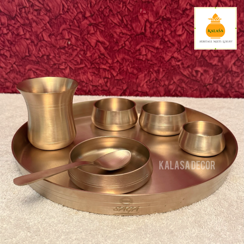 Royal Charm – 7-Piece Matt Finish Brass Dinner Set | Traditional Indian Thali with Spoon, Bowls & Glass (29 cm Plate)
