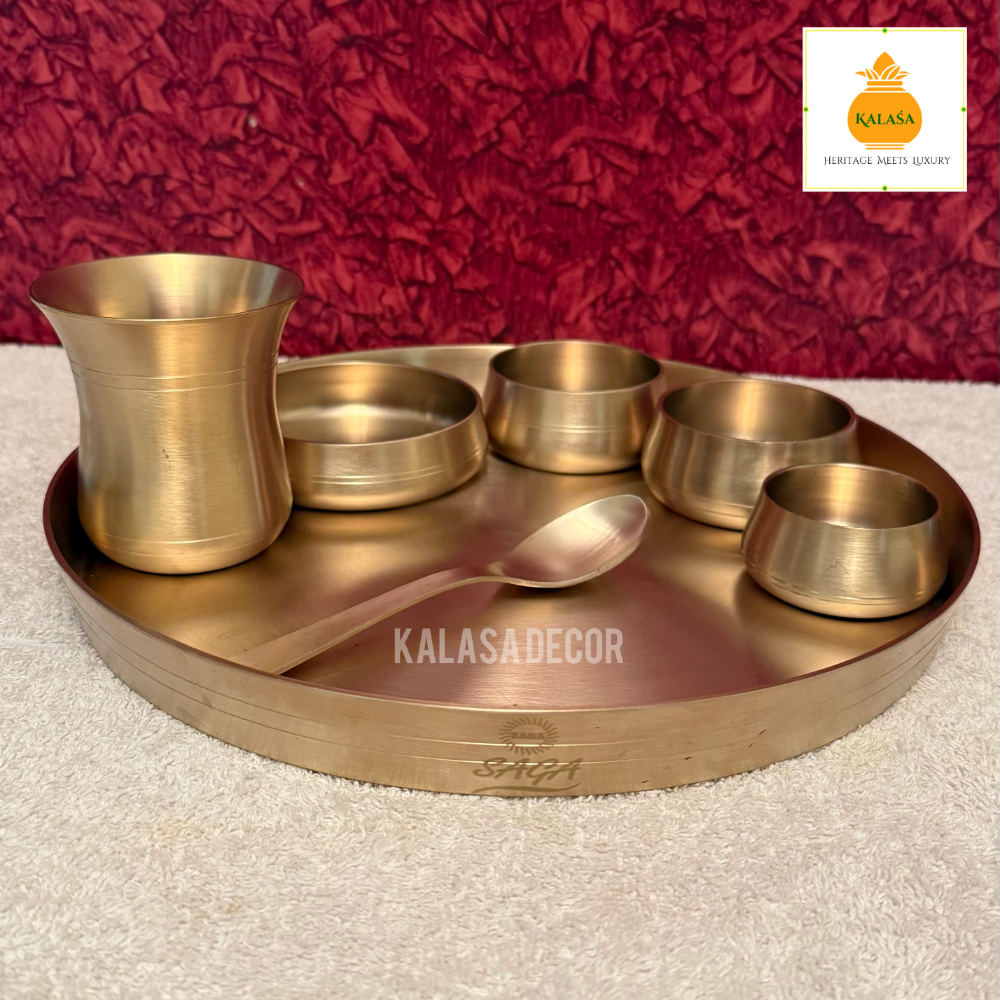 Royal Charm – 7-Piece Matt Finish Brass Dinner Set | Traditional Indian Thali with Spoon, Bowls & Glass (29 cm Plate)